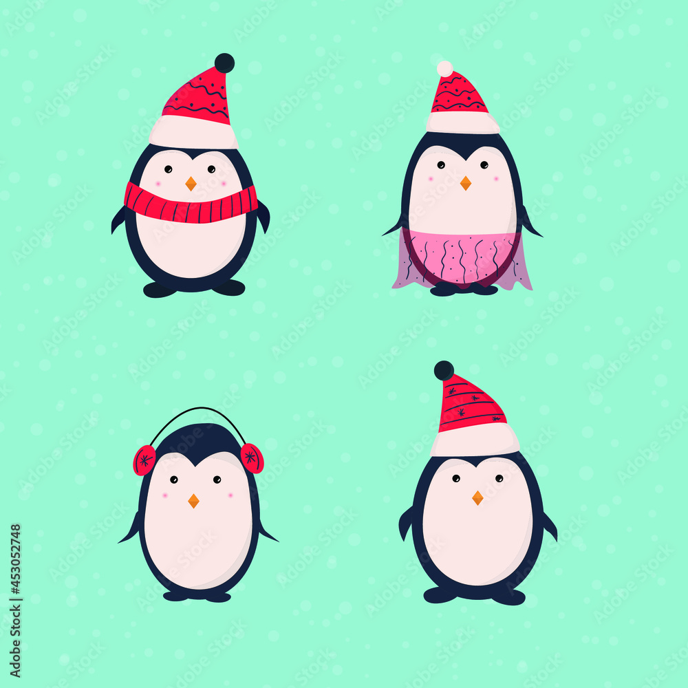 Hand drawn cute cartoon penguins
