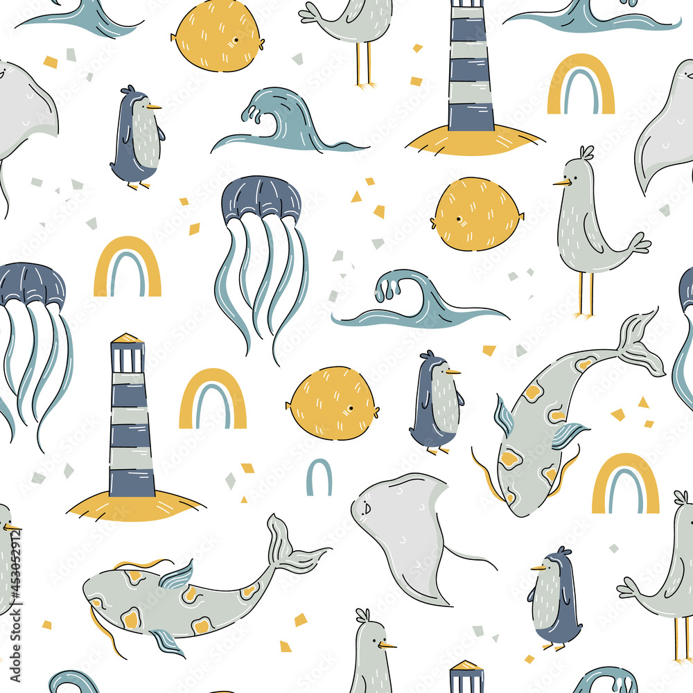 Naklejka premium Sea animals pattern in cute hand drawn style on white background with fishes, lighthouse. Vector stock illustration