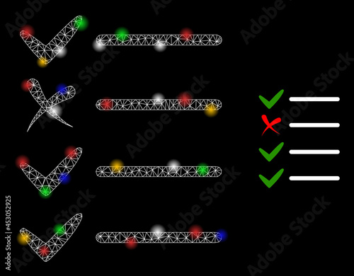 Bright mesh web check list with multi colored lightspots. Constellation vector frame created from check list pictogram. Sparkle carcass mesh check list, on a black backgound.