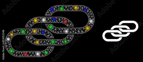 Shiny mesh net chain links with vibrant lightspots. Illuminated vector carcass created from chain links icon. Sparkle carcass mesh chain links, on a black backgound.