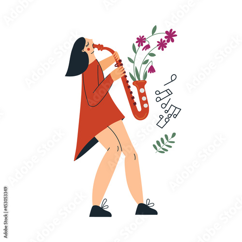 Girl playing saxophone or young woman musician with gold sax. Saxophonist female character with blooming saxophone and notes. Flowers and juzz music. Flat vector cartoon illustration isolated on white