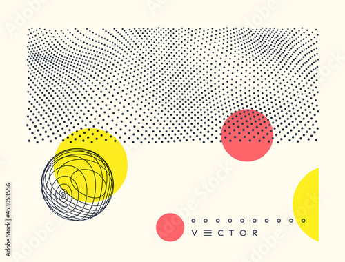 Abstract background with dots and circles. Polka dots pattern. Sphere with twist lines. 3d dynamic vector illustration for cover, banner, flyer or presentation.