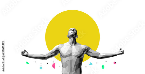 Strong man spreading his arms wide to the side. Victory and freedom. Sport symbol. Leadership or workout bodybuilding concept. Vector illustration.