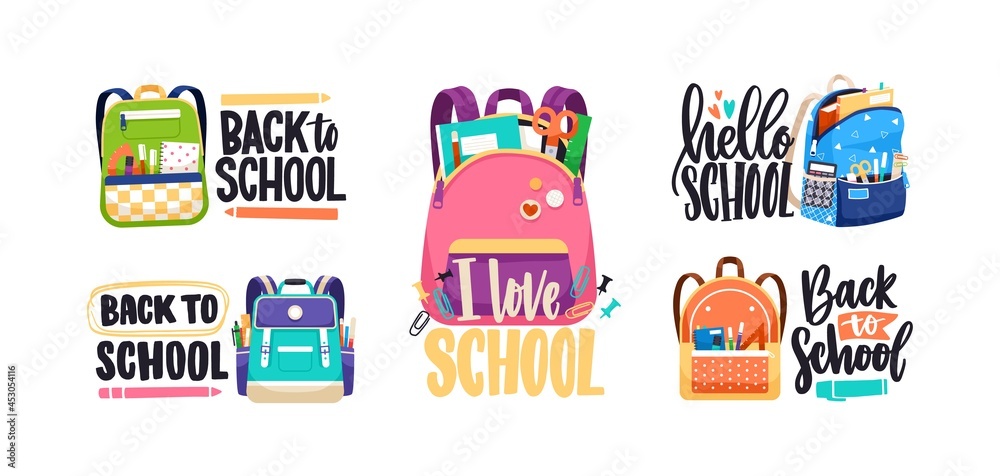 Lettering compositions set with schoolbags and Back to School text. Bags and backpacks packed with stationery, notebooks, other supplies. Colored flat vector illustration isolated on white background
