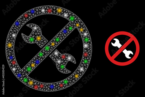 Flare mesh network avoid repair with multi colored lightspots. Constellation vector mesh created from avoid repair pictogram. Sparkle frame mesh avoid repair, on a black backgound.