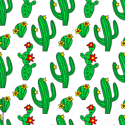 Doodle cactus seamless pattern isolated on white. Sketch Hand drawn art. Vector stock illustration. EPS 10