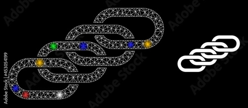 Glowing mesh network chain union with multi colored lightspots. Constellation vector frame created from chain union icon. Sparkle constellation mesh chain union, on a black backgound.