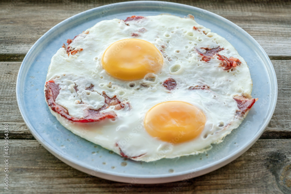 fried eggs with bacon on the table for breakfast fried eggs with bacon on the table for breakfast