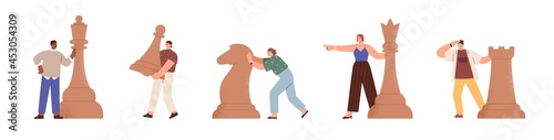 Set of tiny people with chess pieces. Business strategy and logics concept. Smart men and women moving pawn, rook, horse and queen, playing game. Flat vector illustration isolated on white background