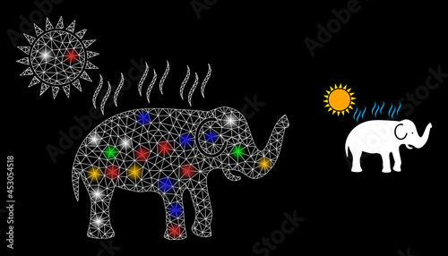 Flare mesh net elephant under sun heat with multicolored bright dots. Constellation vector mesh created from elephant under sun heat icon. Sparkle constellation polygonal elephant under sun heat,