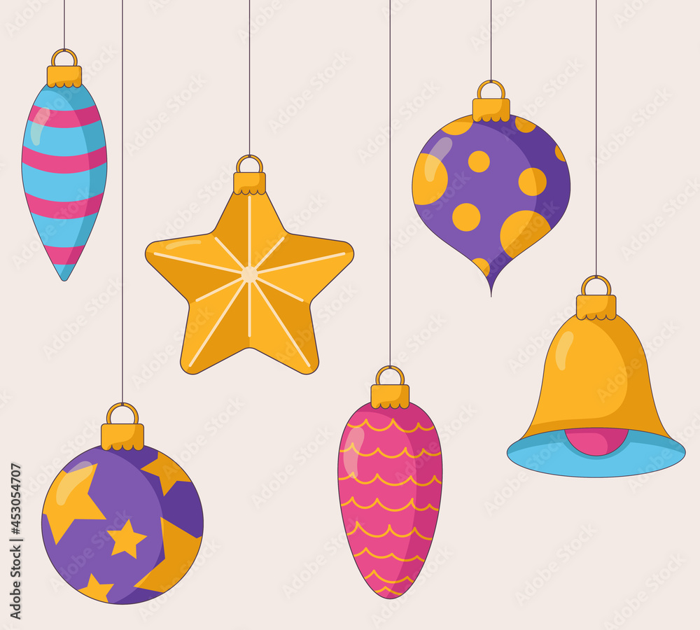 Shiny Christmas tree toys in various shapes and colours in a flat style, isolated on a beige background. Vector illustration