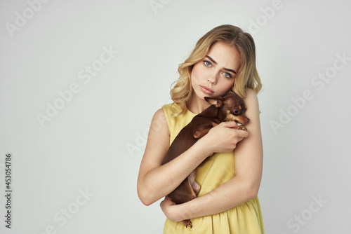 woman fashionable purebred dog isolated background