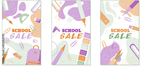 Back to school sale banners concept in pastel flat style, isolated on abstract colourful background. . Vector illustration