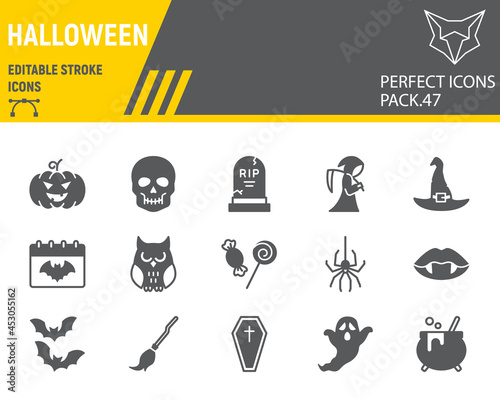 Halloween glyph icon set, horror collection, vector graphics, logo illustrations, happy halloween day vector icons, scary signs, solid pictograms, editable stroke