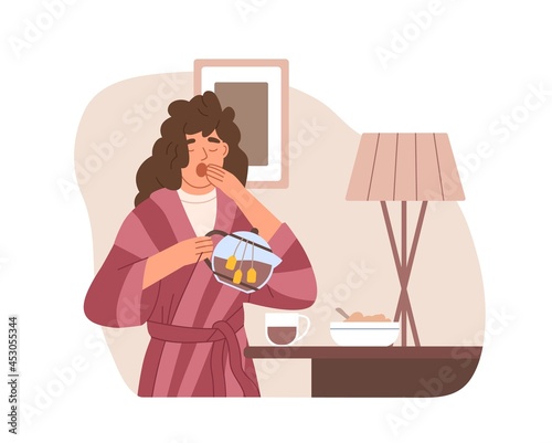 Sleepy woman yawning and drinking strong tea early in morning at home. Hard wakening of drowsy tired person. Female's drowsiness and sleepiness. Flat vector illustration isolated on white background