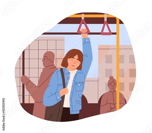 Sleepy tired person on her way to work by bus. Drowsy woman sleeping in public transport early in morning. Asleep napping passenger isolated on white background. Flat vector illustration of drowsiness