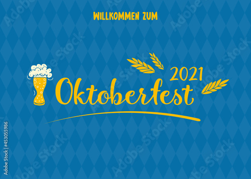 Oktoberfest 2021 - Beer Festival. Hand-drawn Doodle Elements. Blue-white rhombus. Lettering.