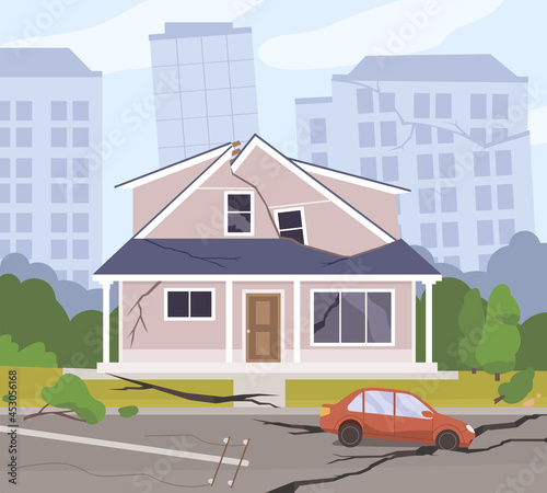 Damaged city road and buildings after earthquake, natural disaster. Destroyed broken house and car on street, land clefts as quake consequences. Apocalyptic cityscape. Flat vector illustration