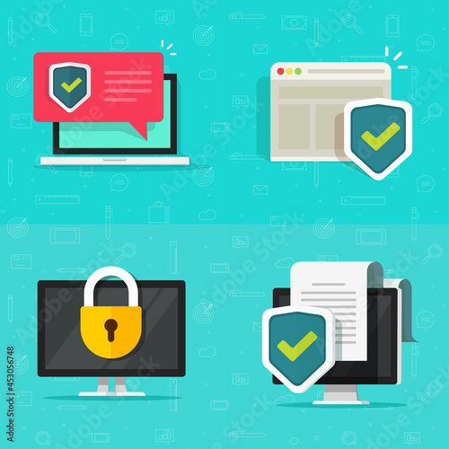 Internet online security digital tech vector icon set with laptop pc computer screen and shield protection sign on browser and document notice notification, privacy lock or information protect idea