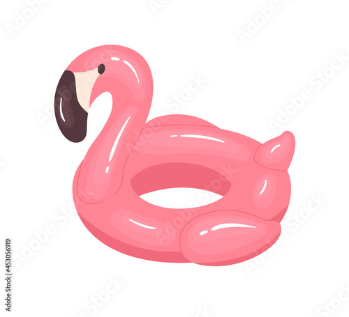 Pink flamingo-shaped inflatable rubber ring for swimming. Childish summer water toy for pool and sea. Flat vector illustration of kids funny glossy object isolated on white background