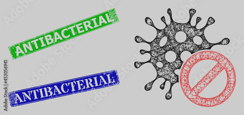 Carcass crossing mesh cancel coronavirus model, and Antibacterial blue and green rectangular rubber seal prints. Frame network symbol based on cancel coronavirus icon.