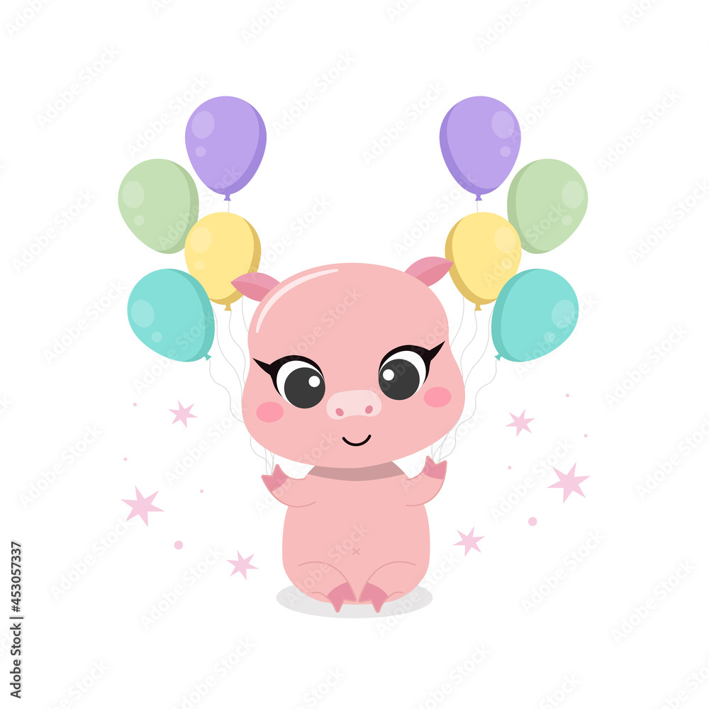 Happy birthday greeting card with pig and balloons. Flat vector cartoon design
