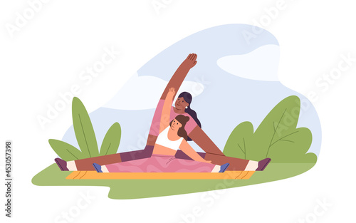Mother and child exercising outdoors together. Yoga and stretching workout of mom and daughter on mat in park. Happy healthy family training. Flat vector illustration isolated on white background
