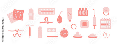 Set of contraception colored flat icons. Birth control methods. Contraceptive patch, ring, IUD, injection, hormonal pills, male and female condom, sterilization. Collection of safe sex vector elements
