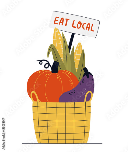 Eco-basket full of vegetables isolated on a white background. Eat Local or Farm Market concept. Buy fresh organic products from the local farmer’s market