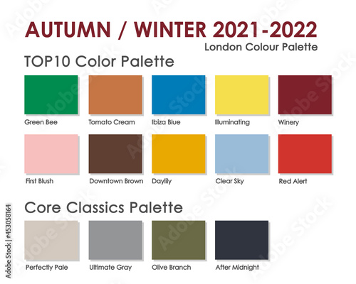 Autumn | Winter 2021 2022 trendy color palette. Fashion color trend. Palette guide with named color swatches. Saturated and core classic color samples set. Vector Illustration