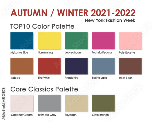 Autumn | Winter 2021 2022 trendy color palette. Fashion color trend. Palette guide with named color swatches. Saturated and core classic color samples set. Vector Illustration
