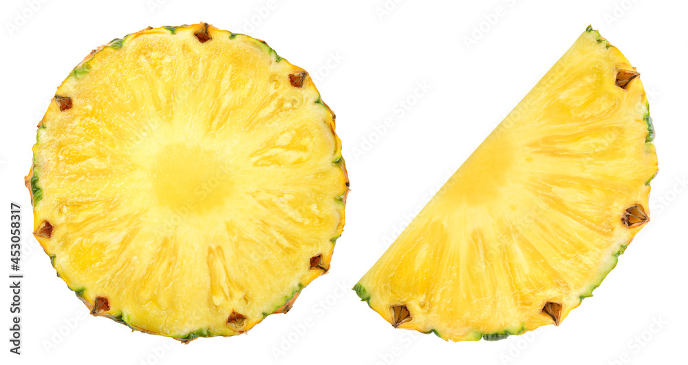 Pineapple slices isolate. Cut pineapple on white. Circle and a half of slice top view. Pineapple slices isolate. Cut pineapple on white. Circle and a half of slice top view.