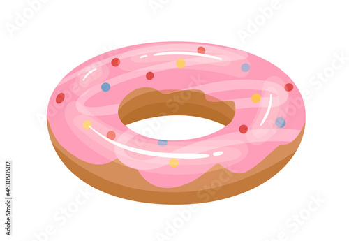 Donut-shaped inflatable rubber ring for fun and swimming in water. Glazed doughnut toy for pool and sea. Flat vector illustration of childish funny item isolated on white background