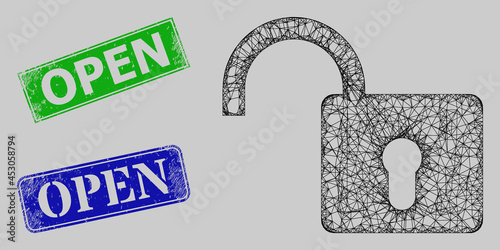 Carcass net mesh open lock model, and Open blue and green rectangular unclean stamp seals. Carcass net illustration is designed with open lock icon.