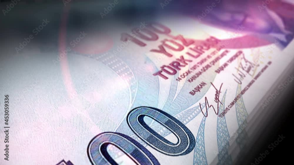 Turkish lira money counting. Paper TRY banknotes. Fast cash note count macro loop. Business and economy in Turkey loopable and seamless concept.