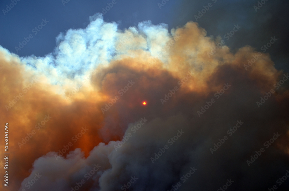 Wildfire in the forest near a resort town.Marmaris, Turkey. Summer 2021