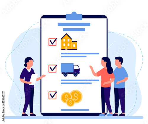 Property insurance people, inheritance, appraisal estate or income and doing tax. Financial advisor lawyer services concept. Family fees paying on law, expenses, insurance. Credit on property. Vector