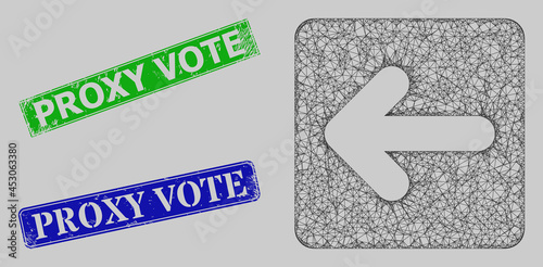 Carcass net mesh left cursor model, and Proxy Vote blue and green rectangular rubber seal prints. Carcass net mesh illustration is based on left cursor icon.