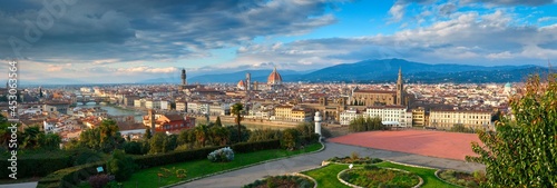 Beautiful Panorama Cityscape of Florence as seen from Piazzale Michelangelo with Old Bridge, Palace of the Town Hall, Cathedral and Basilica of the Holy Cross. Italy