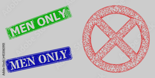 Wireframe net restrict model, and Men Only blue and green rectangle grunge stamp seals. Carcass net illustration is based on restrict pictogram.