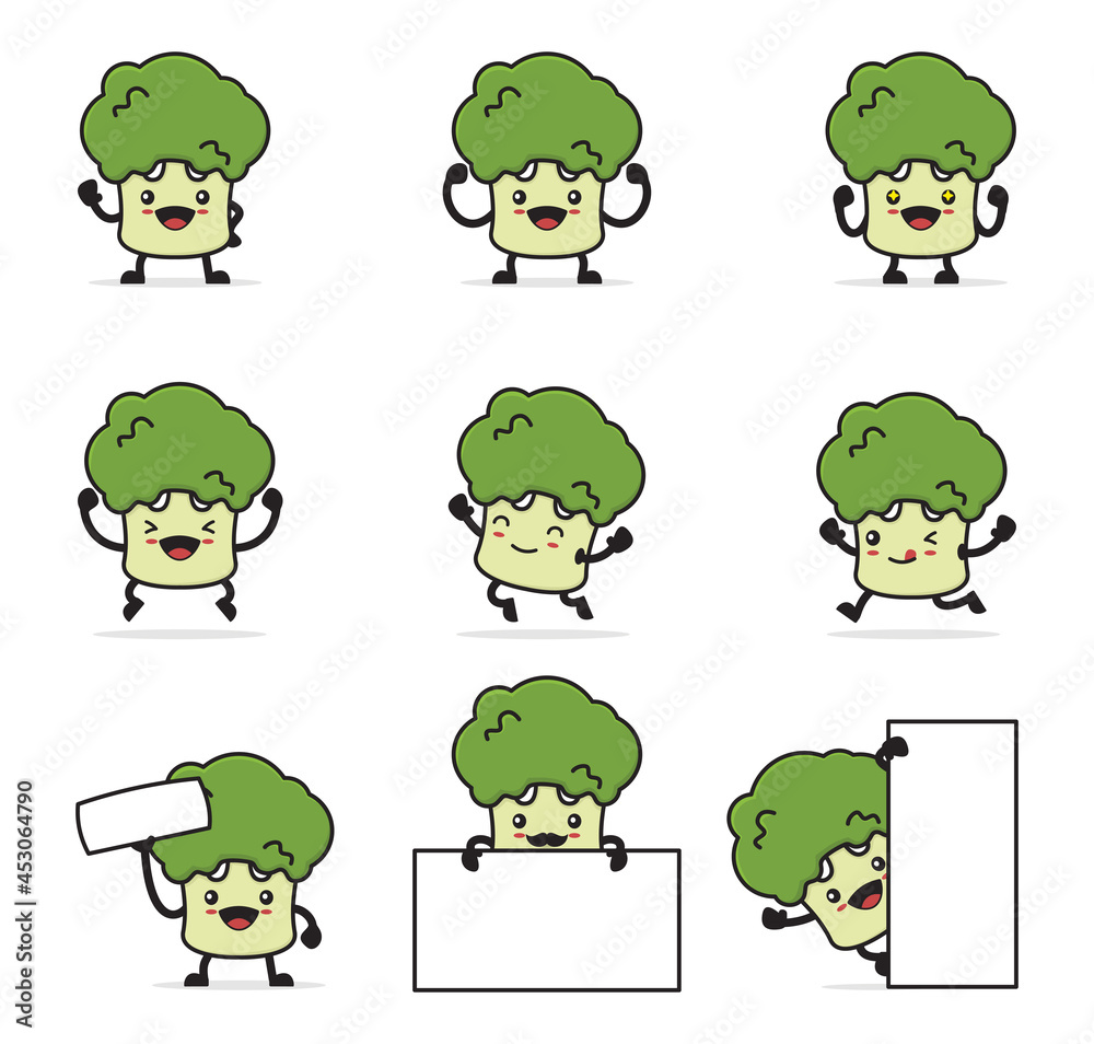 Obraz premium cute broccoli cartoon. with happy facial expressions and different poses