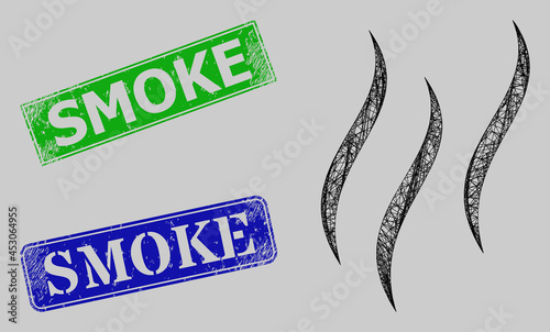 Carcass net mesh aroma model, and Smoke blue and green rectangle textured stamp seals. Frame net mesh image is based on aroma icon. Seals contain Smoke caption inside rectangular frame.