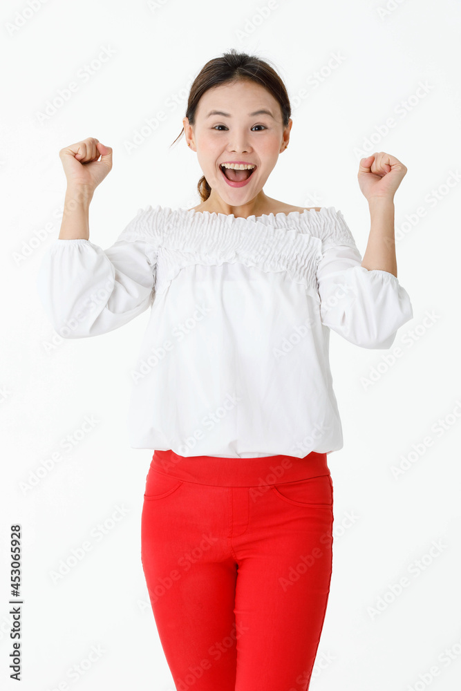 Isolated studio shot of Asian shocked excited surprised clueless female model in casual long sleeve shirt standing open mouth wide show teeth look at camera holding hands up on white background Isolated studio shot of Asian shocked excited surprised clueless female model in casual long sleeve shirt standing open mouth wide show teeth look at camera holding hands up on white background