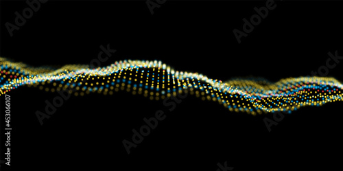 Wave of blue and yellow particles. Abstract technology flow background. Sound mesh pattern or grid landscape. Digital data structure consist dot elements. Future vector illustration. © fantasyform