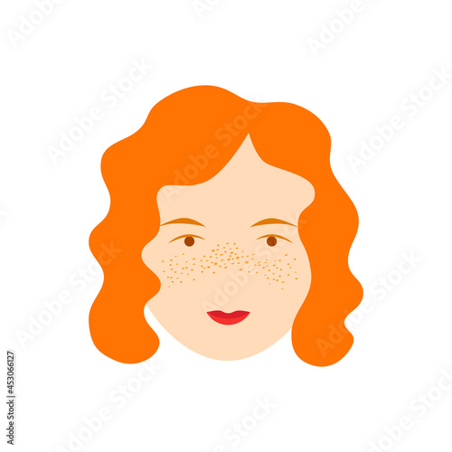 Curly red hair woman portrait isolated on white background. Girl with freckles. Vector illustration.