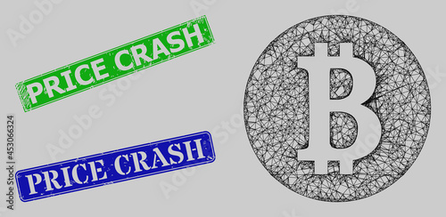Wireframe net mesh bitcoin coin model, and Price Crash blue and green rectangular dirty seal imitations. Carcass net mesh image based on bitcoin coin icon.