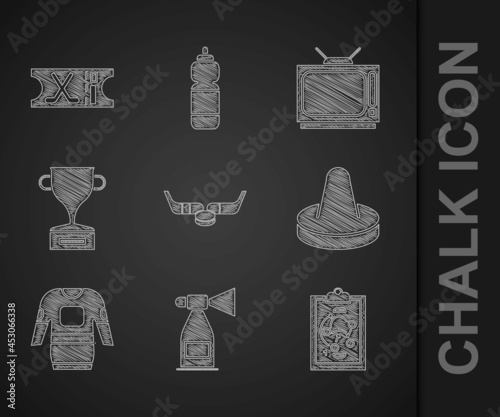 Set Ice hockey sticks and puck, Air horn, Planning strategy, Mallet for playing air, Hockey jersey, Award cup, Retro tv and sports ticket icon. Vector