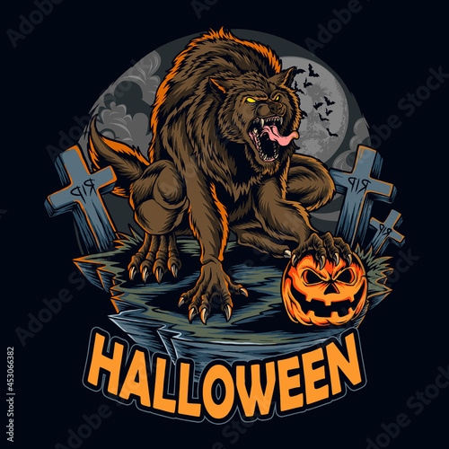 halloween werewolf on halloween night holding halloween pumpkin among scary graves vector