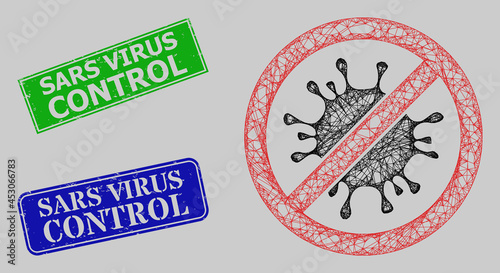 Carcass network no coronavirus model, and Sars Virus Control blue and green rectangle rubber stamp seals. Frame network symbol created from no coronavirus icon.