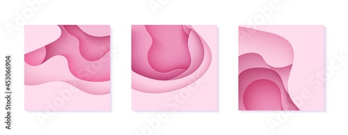 Set of paper cut flyers with waves and hole. Collection of pink 3d abstract banners with smooth wavy layers. Women's Breast Cancer Concept poster template in rose color. Female vector illustration